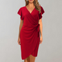 Damen Wickelkleid V-Ausschnitt Elegant Knielang Festlich-Rot-S-Luzern Mode
