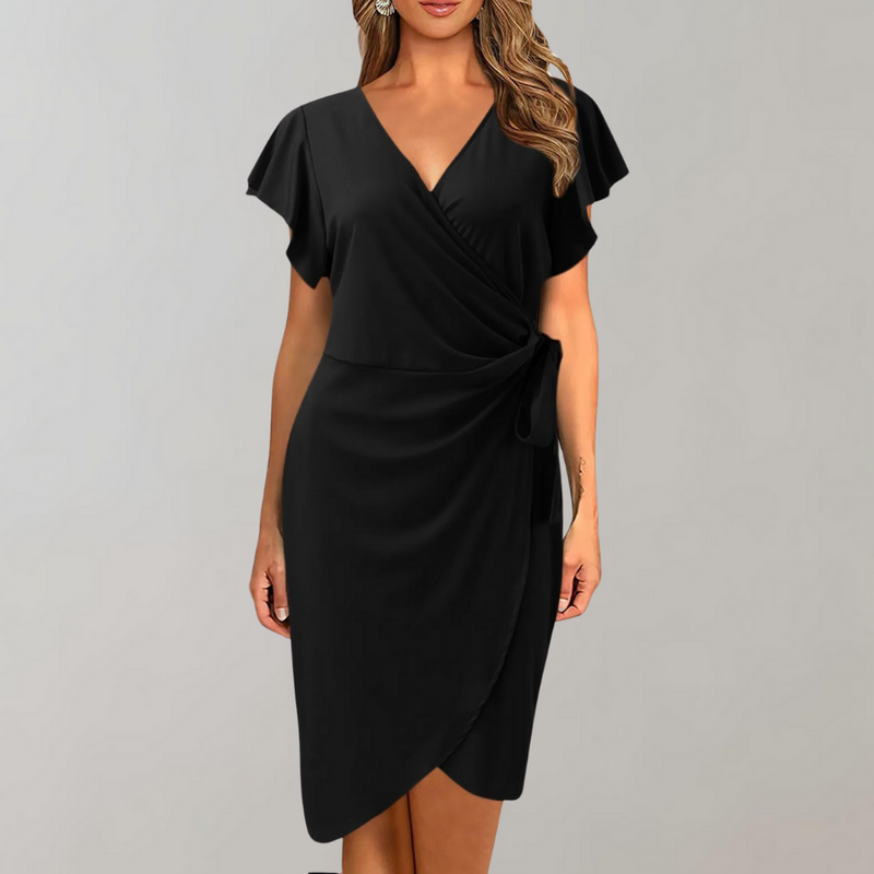 Damen Wickelkleid V-Ausschnitt Elegant Knielang Festlich-Schwarz-S-Luzern Mode