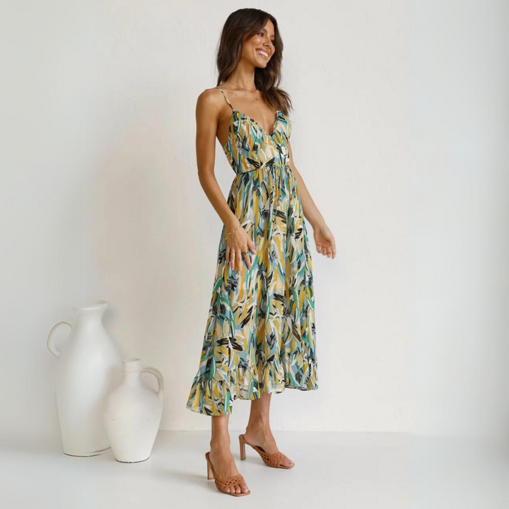 Sommerkleid Damen Rückenfrei | Auffälliger Druck | Leicht bequem | V-Ausschnitt-Luzern Mode
