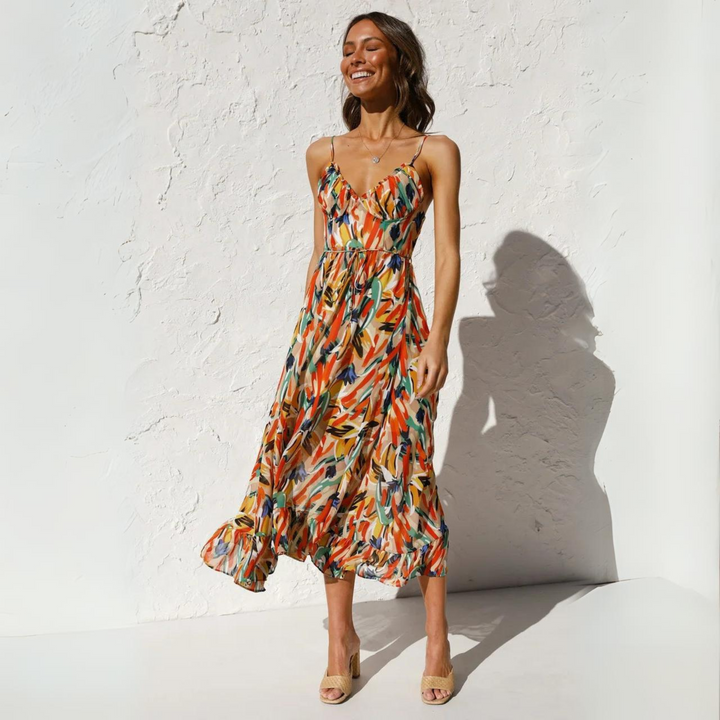 Sommerkleid Damen Rückenfrei | Auffälliger Druck | Leicht bequem | V-Ausschnitt-Luzern Mode