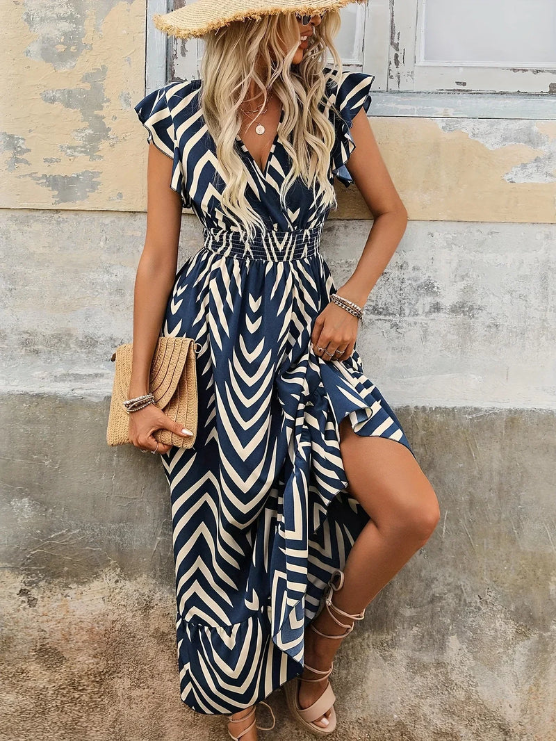 Rückenfreies Maxikleid mit Ethno-Muster für Damen-S-Blau-Luzern Mode