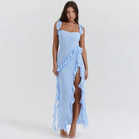 Maxi Sommerkleid | Rüschen | Ärmellos | Schlitz | Einfarbig | Luftig | Weich-Blau-S-Luzern Mode