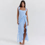 Maxi Sommerkleid | Rüschen | Ärmellos | Schlitz | Einfarbig | Luftig | Weich-Blau-S-Luzern Mode
