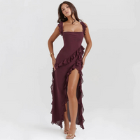 Maxi Sommerkleid | Rüschen | Ärmellos | Schlitz | Einfarbig | Luftig | Weich-Bordeauxrot-S-Luzern Mode