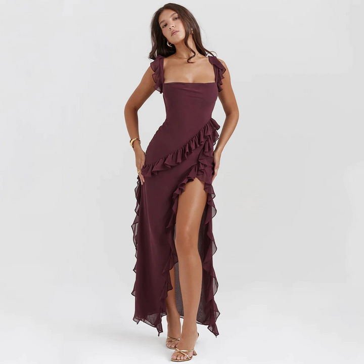 Maxi Sommerkleid | Rüschen | Ärmellos | Schlitz | Einfarbig | Luftig | Weich-Bordeauxrot-S-Luzern Mode
