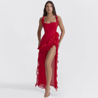 Maxi Sommerkleid | Rüschen | Ärmellos | Schlitz | Einfarbig | Luftig | Weich-Rot-S-Luzern Mode
