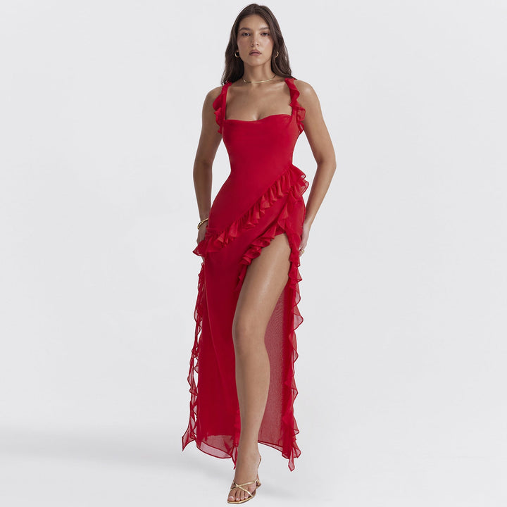 Maxi Sommerkleid | Rüschen | Ärmellos | Schlitz | Einfarbig | Luftig | Weich-Rot-S-Luzern Mode