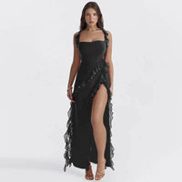 Maxi Sommerkleid | Rüschen | Ärmellos | Schlitz | Einfarbig | Luftig | Weich-Schwarz-S-Luzern Mode