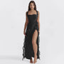 Maxi Sommerkleid | Rüschen | Ärmellos | Schlitz | Einfarbig | Luftig | Weich-Schwarz-S-Luzern Mode