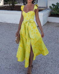 Sommerkleid | Bunt | Druck | Fledermausärmel | Schlitz | Mittellang-Gelb-S-Luzern Mode