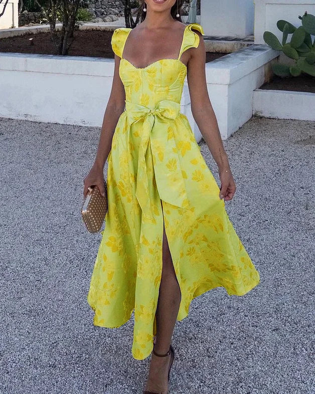 Sommerkleid | Bunt | Druck | Fledermausärmel | Schlitz | Mittellang-Gelb-S-Luzern Mode