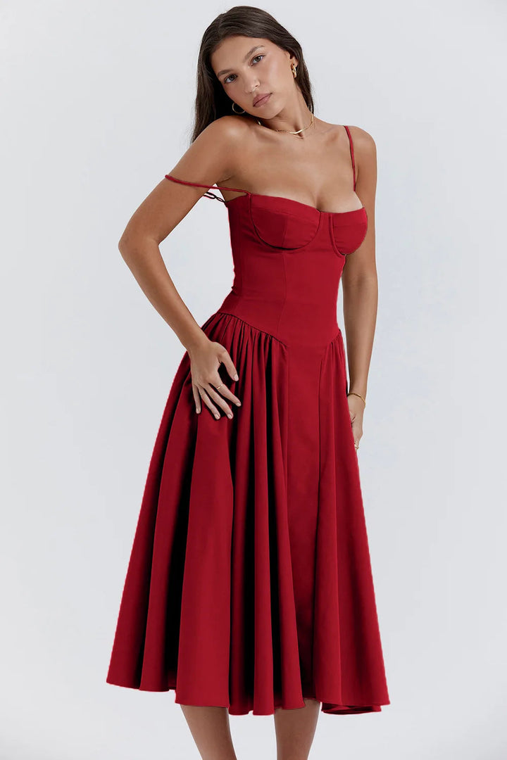 Midi Sommerkleid | Sweetheart-Ausschnitt | Ärmellos | Unifarben | Mit gepolstertem Brustbereich-Luzern Mode
