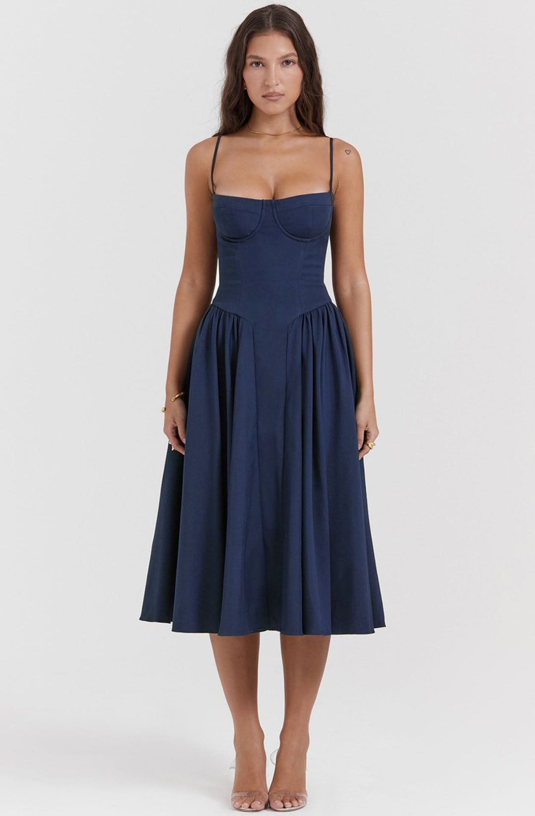 Midi Sommerkleid | Sweetheart-Ausschnitt | Ärmellos | Unifarben | Mit gepolstertem Brustbereich-Blau-S-Luzern Mode