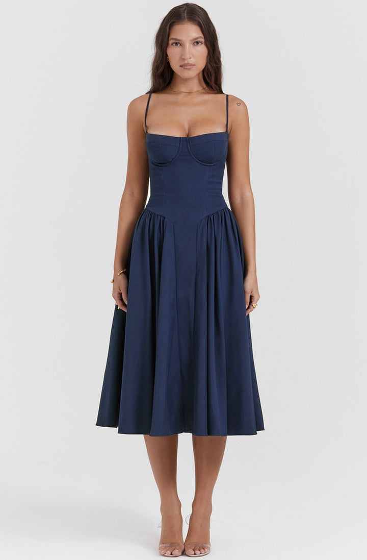 Midi Sommerkleid | Sweetheart-Ausschnitt | Ärmellos | Unifarben | Mit gepolstertem Brustbereich-Blau-S-Luzern Mode