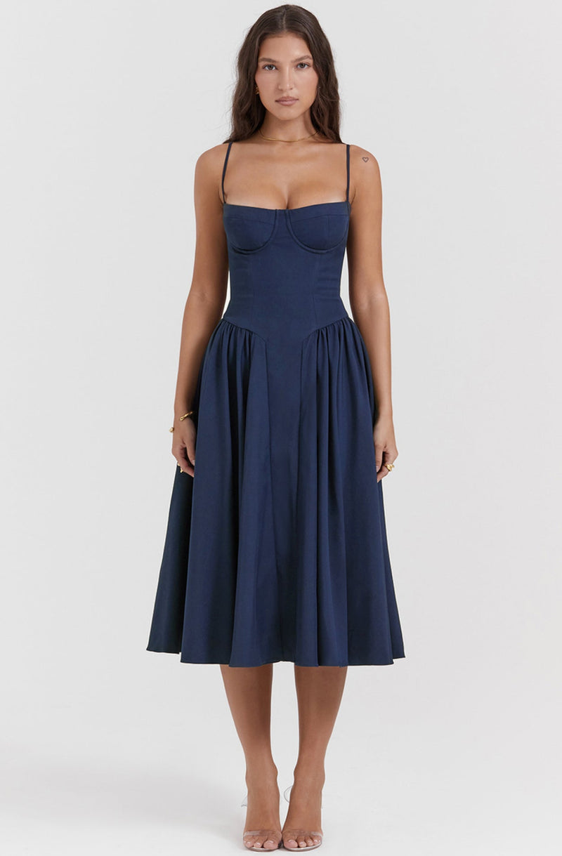 Midi Sommerkleid | Sweetheart-Ausschnitt | Ärmellos | Unifarben | Mit gepolstertem Brustbereich-Blau-S-Luzern Mode