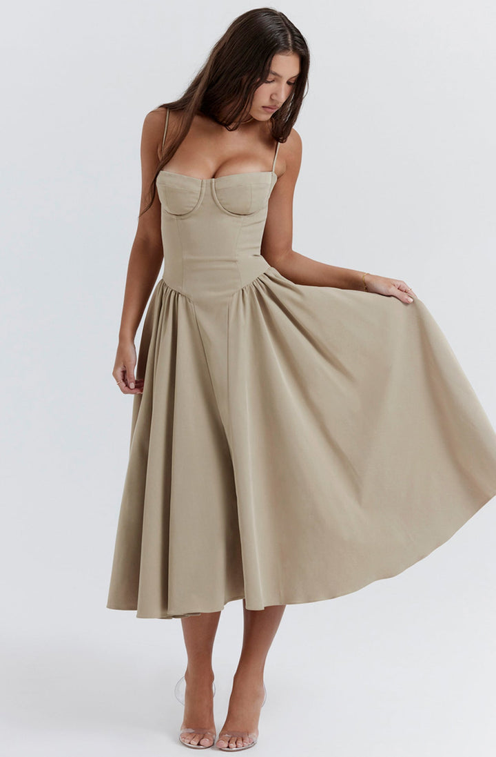 Midi Sommerkleid | Sweetheart-Ausschnitt | Ärmellos | Unifarben | Mit gepolstertem Brustbereich-Luzern Mode