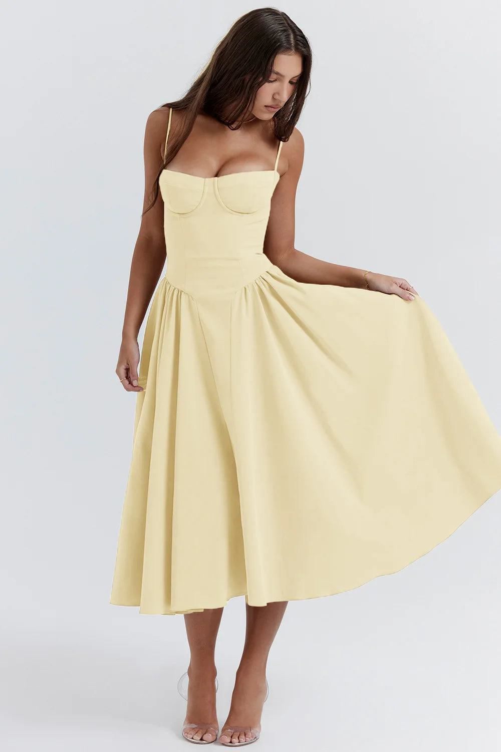 Midi Sommerkleid | Sweetheart-Ausschnitt | Ärmellos | Unifarben | Mit gepolstertem Brustbereich-Luzern Mode