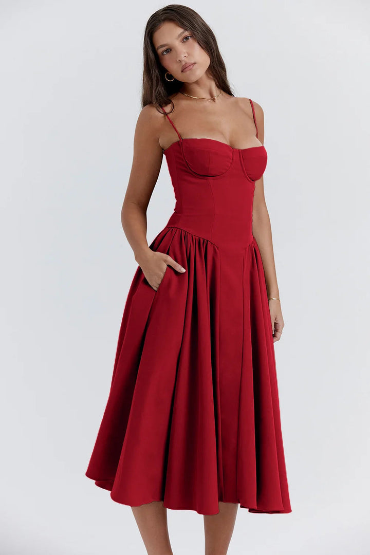 Midi Sommerkleid | Sweetheart-Ausschnitt | Ärmellos | Unifarben | Mit gepolstertem Brustbereich-Luzern Mode
