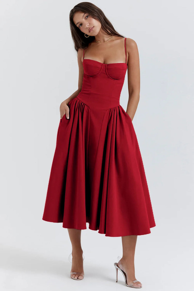 Midi Sommerkleid | Sweetheart-Ausschnitt | Ärmellos | Unifarben | Mit gepolstertem Brustbereich-Luzern Mode