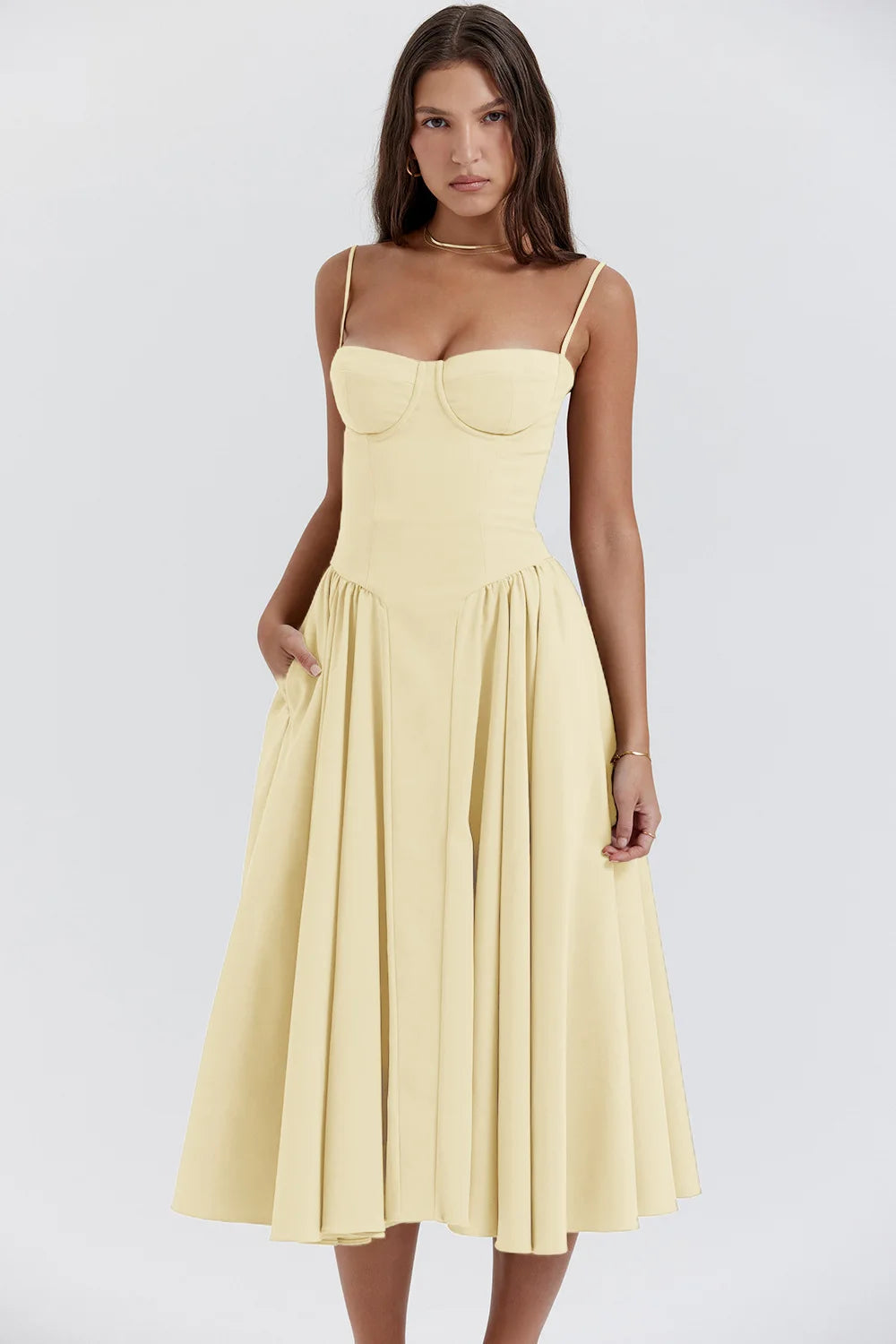 Midi Sommerkleid | Sweetheart-Ausschnitt | Ärmellos | Unifarben | Mit gepolstertem Brustbereich-Luzern Mode