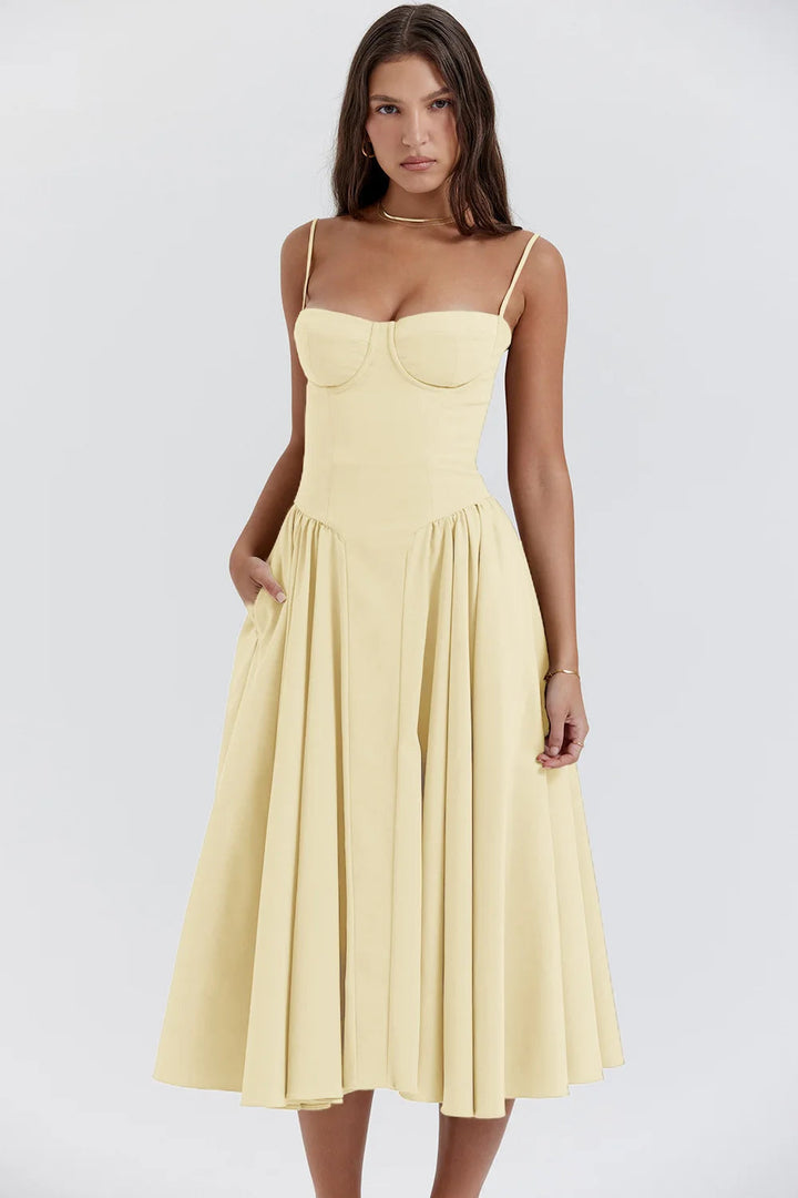 Midi Sommerkleid | Sweetheart-Ausschnitt | Ärmellos | Unifarben | Mit gepolstertem Brustbereich-Luzern Mode