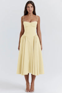 Midi Sommerkleid | Sweetheart-Ausschnitt | Ärmellos | Unifarben | Mit gepolstertem Brustbereich-Gelb-S-Luzern Mode