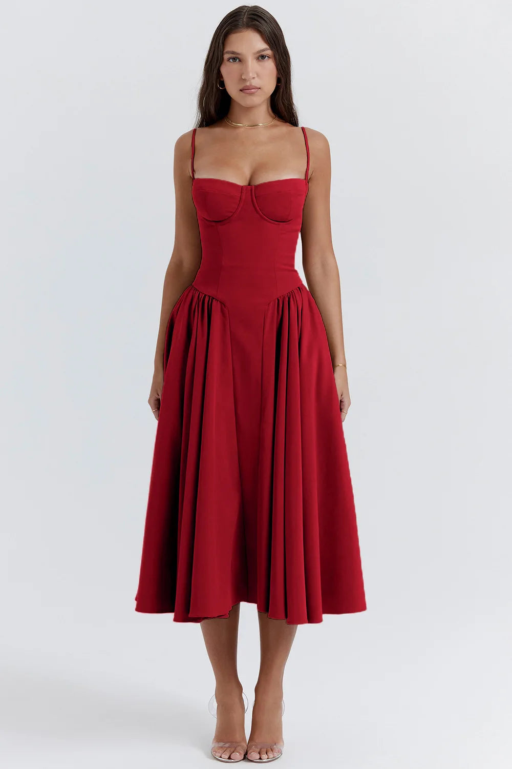 Midi Sommerkleid | Sweetheart-Ausschnitt | Ärmellos | Unifarben | Mit gepolstertem Brustbereich-Rot-S-Luzern Mode