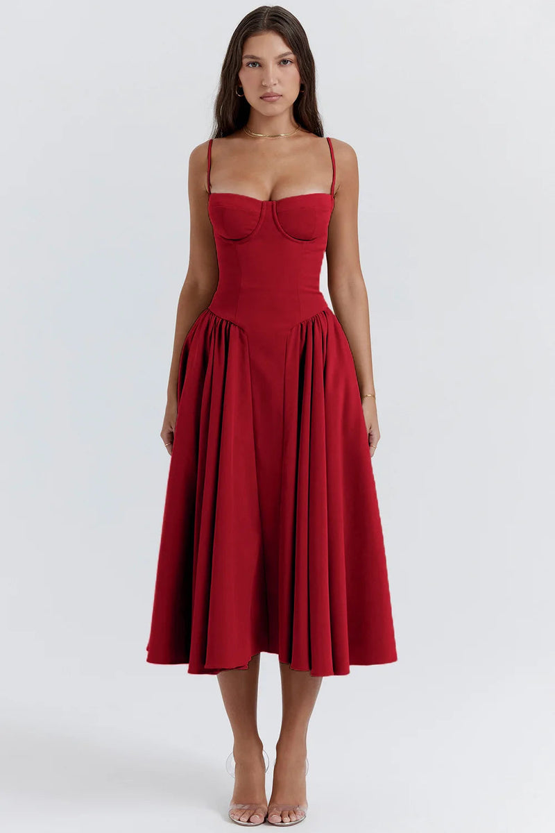 Midi Sommerkleid | Sweetheart-Ausschnitt | Ärmellos | Unifarben | Mit gepolstertem Brustbereich-Rot-S-Luzern Mode