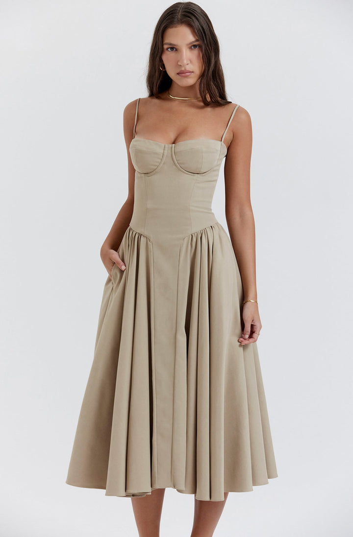 Midi Sommerkleid | Sweetheart-Ausschnitt | Ärmellos | Unifarben | Mit gepolstertem Brustbereich-Taupe-S-Luzern Mode