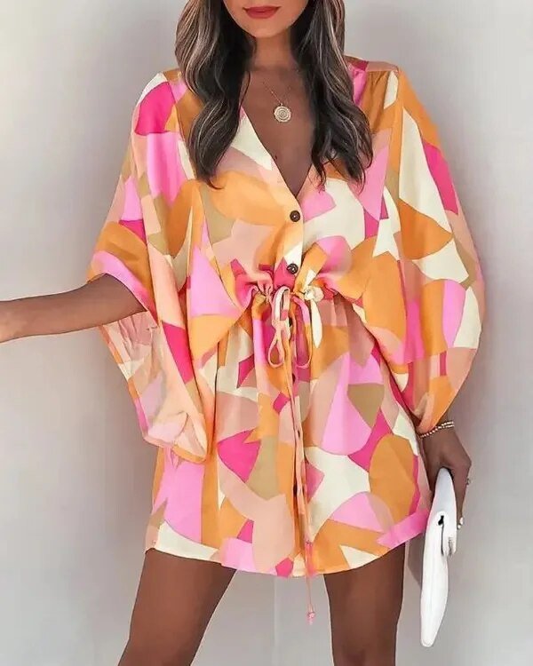Sommerkleid Damen | V-Ausschnitt | Rüschen | Leicht | Urlaub | Boho Stil-E-S-Luzern Mode