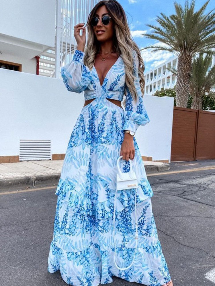Maxikleid mit Blattmuster - Elegantes Sommerkleid Damen-Blau-XS-Luzern Mode