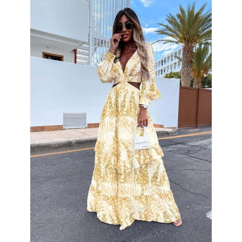 Maxikleid mit Blattmuster - Elegantes Sommerkleid Damen-Gelb-XS-Luzern Mode