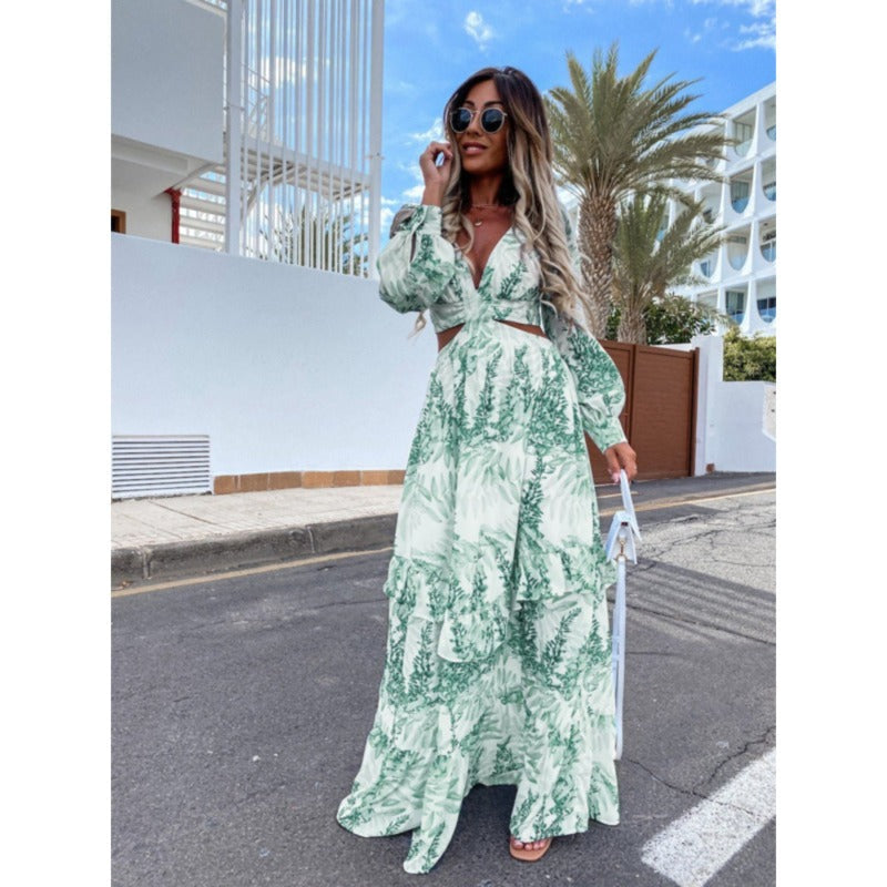 Maxikleid mit Blattmuster - Elegantes Sommerkleid Damen-Grün-XS-Luzern Mode