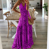 Boho-Maxikleid | Blumenprint | Ärmellos | Locker | V-Ausschnitt-Lila-S-Luzern Mode