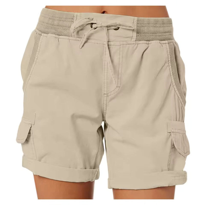 Damen Strandshorts | Cargo Stil | Skinny Fit | Einfarbig | Taschen-Khaki-S-Luzern Mode