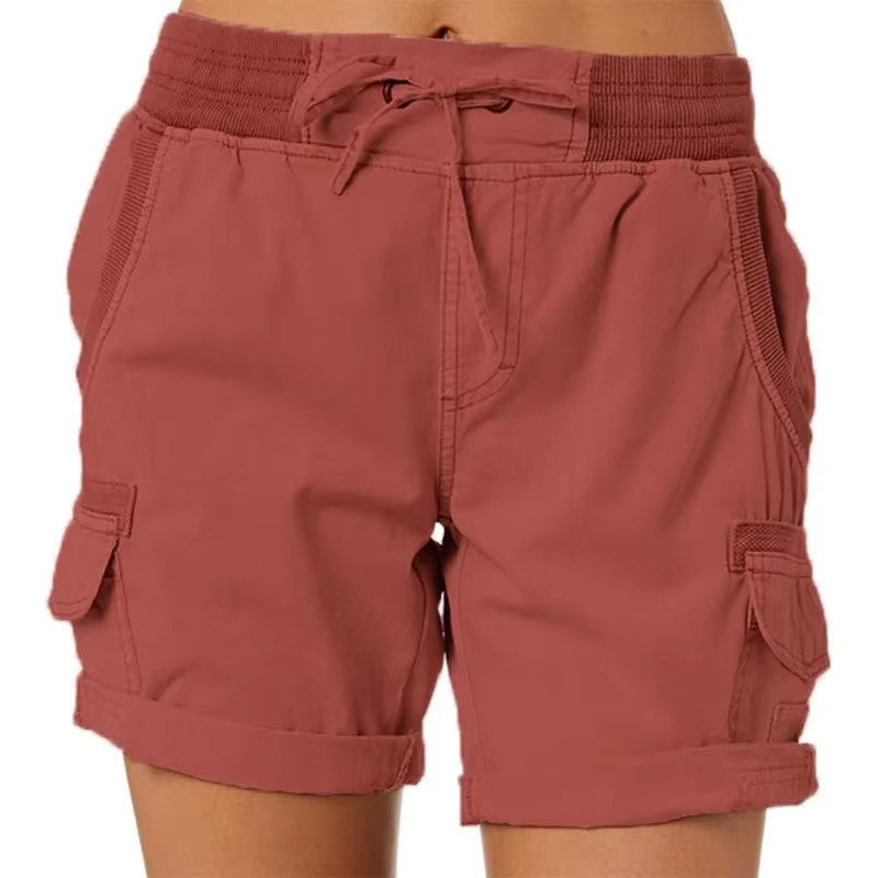 Damen Strandshorts | Cargo Stil | Skinny Fit | Einfarbig | Taschen-Rot-S-Luzern Mode
