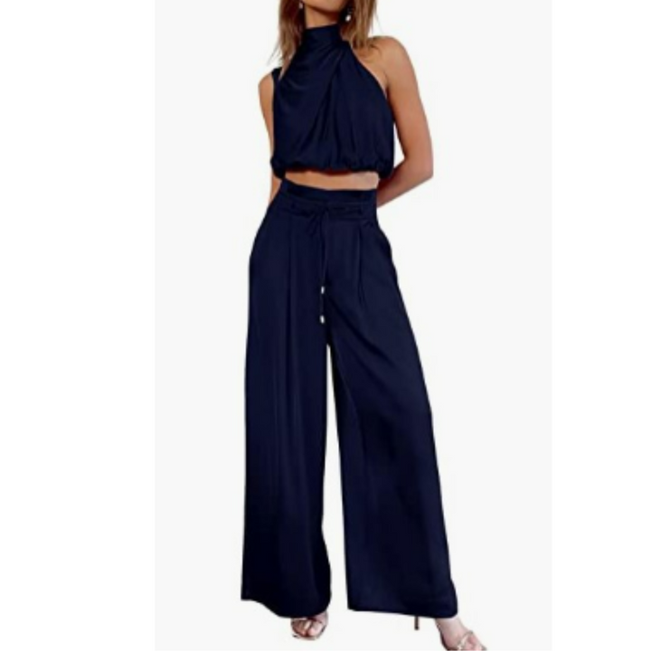 Damen Sommer Jumpsuit | Einfarbig | Lang | Ärmless | Blitzer Bauch | Kragen-Blau-XS-Luzern Mode