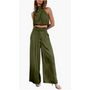 Damen Sommer Jumpsuit | Einfarbig | Lang | Ärmless | Blitzer Bauch | Kragen-Dunkelgrün-XS-Luzern Mode