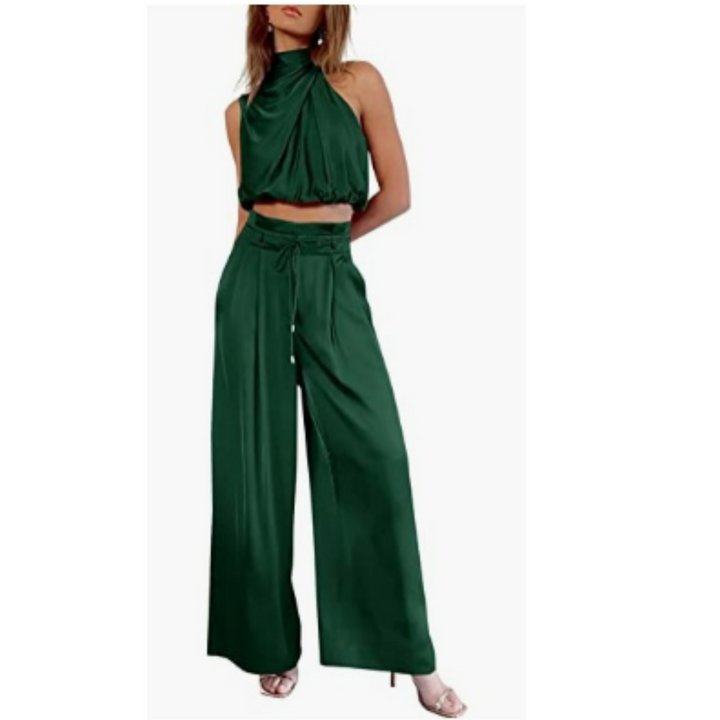 Damen Sommer Jumpsuit | Einfarbig | Lang | Ärmless | Blitzer Bauch | Kragen-Grün-XS-Luzern Mode