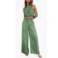 Damen Sommer Jumpsuit | Einfarbig | Lang | Ärmless | Blitzer Bauch | Kragen-Hellgrün-XS-Luzern Mode