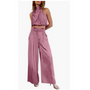 Damen Sommer Jumpsuit | Einfarbig | Lang | Ärmless | Blitzer Bauch | Kragen-Rosa-XS-Luzern Mode