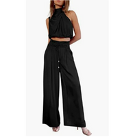 Damen Sommer Jumpsuit | Einfarbig | Lang | Ärmless | Blitzer Bauch | Kragen-Schwarz-XS-Luzern Mode