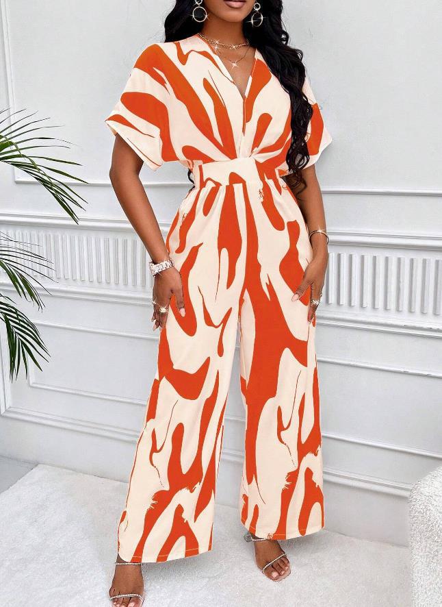 Damen Jumpsuit | V-Ausschnitt | Print | Kurzarm | Baumwolle | Luftig-Weiß Orange-S-Luzern Mode