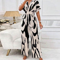 Damen Jumpsuit | V-Ausschnitt | Print | Kurzarm | Baumwolle | Luftig-Weiß Schwarz-S-Luzern Mode