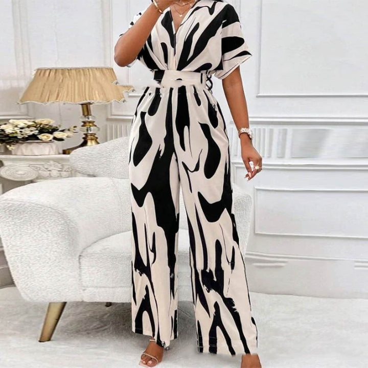 Damen Jumpsuit | V-Ausschnitt | Print | Kurzarm | Baumwolle | Luftig-Weiß Schwarz-S-Luzern Mode