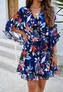 Sommerkleid | Spitze | Blumenmuster | Kurze Ärmel | Knielang | V-Ausschnitt-Dunkelblau-S-Luzern Mode