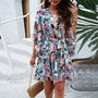Sommerkleid | Spitze | Blumenmuster | Kurze Ärmel | Knielang | V-Ausschnitt-Grün-S-Luzern Mode