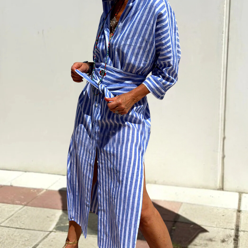 Leinenkleid Damen gestreift Sommerkleid mit Gürtel-Blau-2XS-Luzern Mode