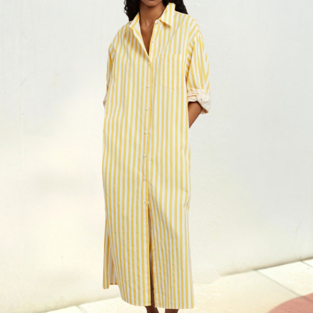 Leinenkleid Damen gestreift Sommerkleid mit Gürtel-Gelb-2XS-Luzern Mode