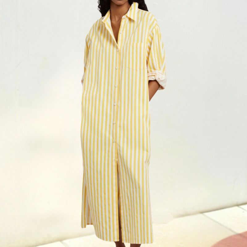 Leinenkleid Damen gestreift Sommerkleid mit Gürtel-Gelb-2XS-Luzern Mode